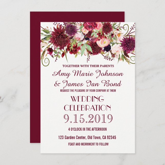 Marsala Red Bourgogne Floral Wedding Invitations (Devant / Derrière)