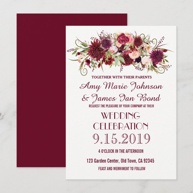 Marsala Red Bourgogne Floral Wedding Invitations (Devant / Derrière)