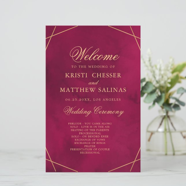 Marsala Red Modern Watercolor Wedding Program Card (Debout devant)