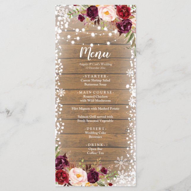 Marsala Romantic Rustic Winter Wedding Menu (Devant)