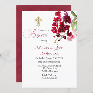 Marsala rose Floral Gold Cross Baptême Invitation