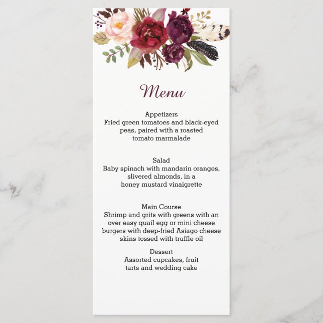 Marsala Rouge Blanc Roses Boho Feathes Menu (Devant)