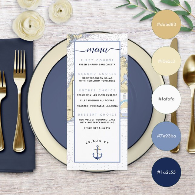 Martha's Vineyard ⚓ menu Mariage nautique (Martha's Vineyard ⚓ Nautical Wedding Menu in Muted Blue and Pale Yellow with Color Swatches )