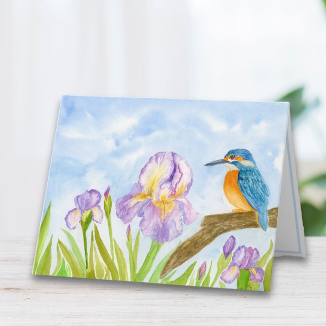 Martin-pêcheur à l'aquarelle avec iris violets  (Créateur téléchargé)