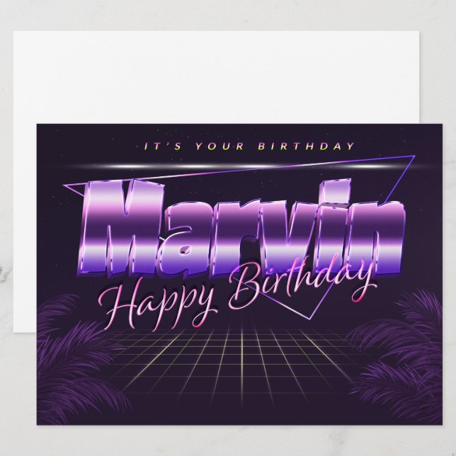 Marvin prénom nom carte rétro lilas anniversaire (Devant / Derrière)