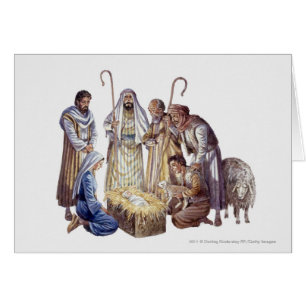 Mary, Joseph, et bergers entourant le bébé Jésu