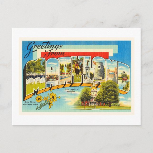 Maryland State MD Vieux Vintage voyage Carte posta (Devant)