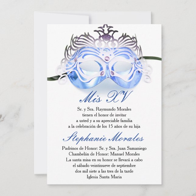 Mascarade bleue Quinceanera Invitation d'anniversa (Devant)