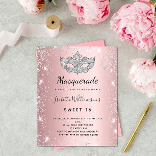 Mascarade blush rose argent Sweet 16 invitation