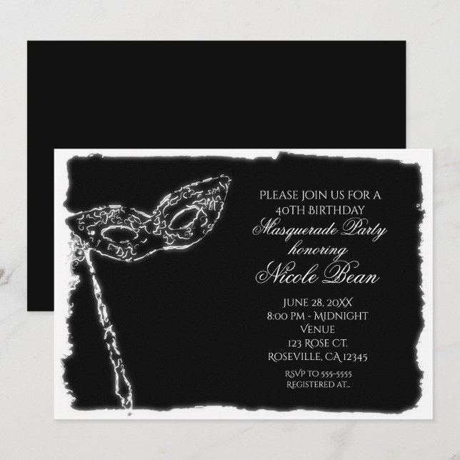 Mascarade noir & blanc Elegance Party Invitation (Devant / Derrière)