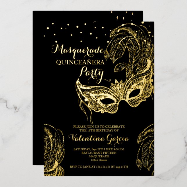 Mascarade or de luxe Quinceañera Invitation (Recto/Verso)