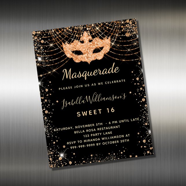 Mascarade or noir Sweet 16 aimant invitation (Créateur téléchargé)