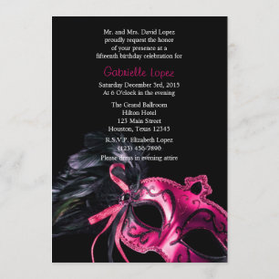Mascarade rose noir Quinceanera Ball Invitation