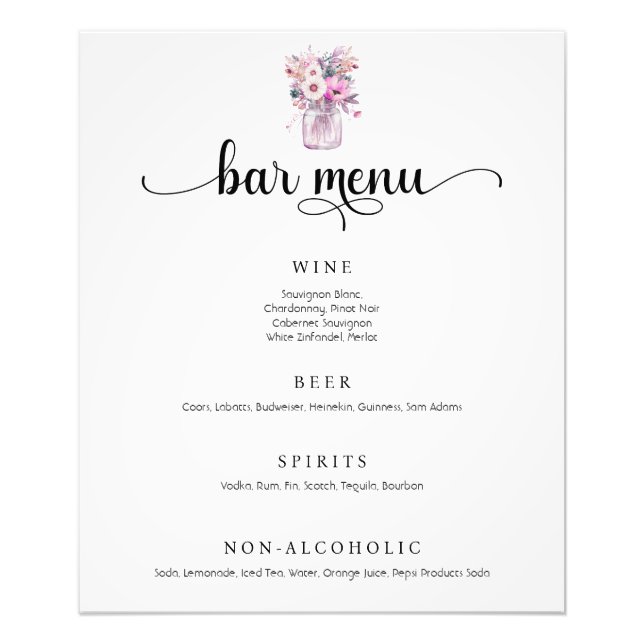 Mason Jar avec Fleurs Mariage Bar Menu Poster (Devant)