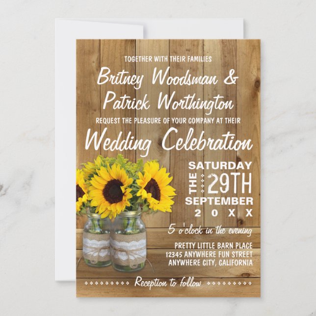 Mason Jar Burlap Sunflower Invitations de mariage (Devant)