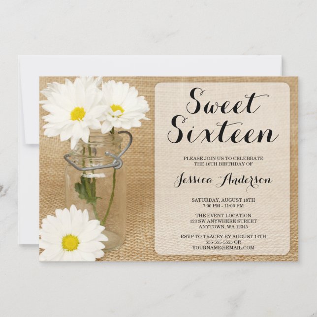 Mason Jar Burlap White Daisies Sweet 16 Invitation (Devant)