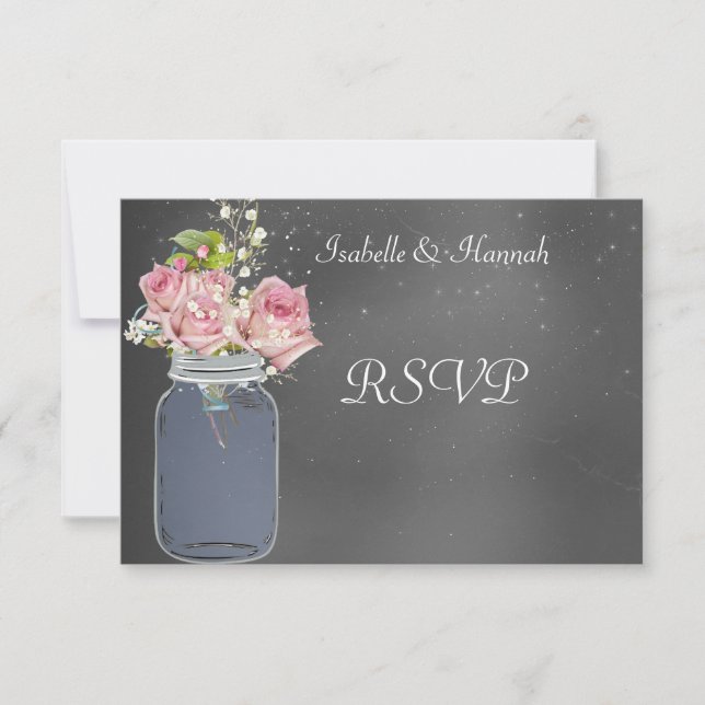 Mason Jar, Chalkboard, Carte RSVP de mariage lesbi (Devant)
