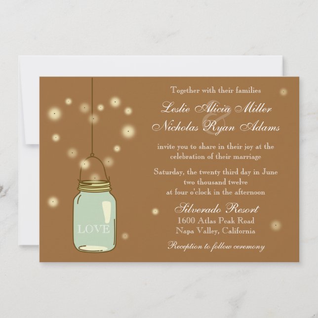 Mason Jar et Fireflies Heart Faire-part de mariage (Devant)