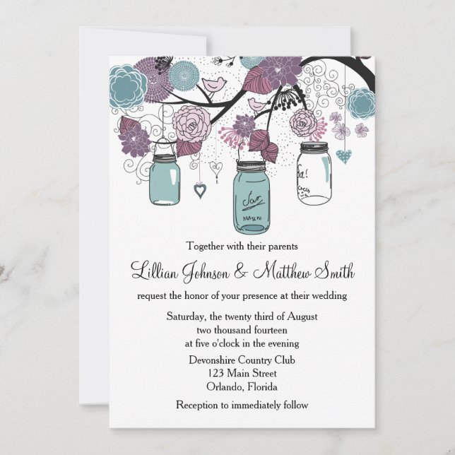 Mason Jar Faire-part de mariage - violet et bleu (Devant)