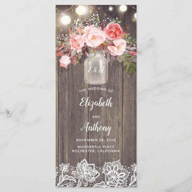 Mason Jar Fleurs roses Programmes de mariage rusti (Devant)