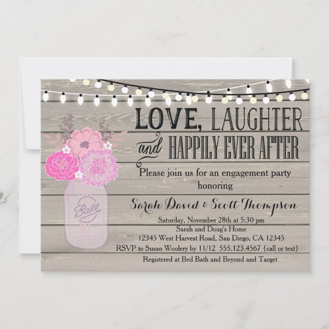 Mason Jar Floral Pink Engagement Part Invitation (Devant)
