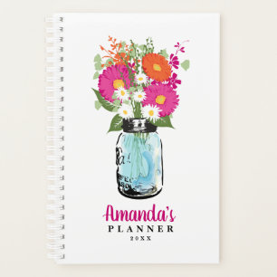 Mason Jar Fuchsia Poissons Gerber Rose Orange