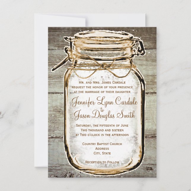Mason Jar Grange Bois Rustique Invitations de mari (Devant)