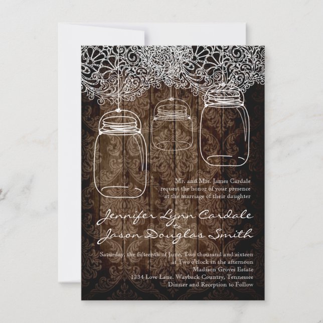 Mason Jar Lace Grange Bois Mariage Invitations (Devant)