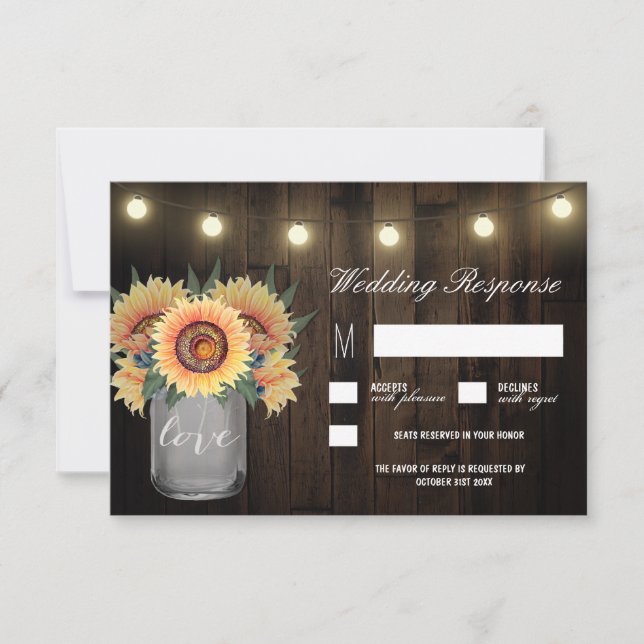 Mason Jar Lights et Sunflower Wedding Cartes RSVP (Devant)