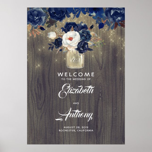 Mason Jar Marine Floral Mariage Affiche de bienven (Devant)