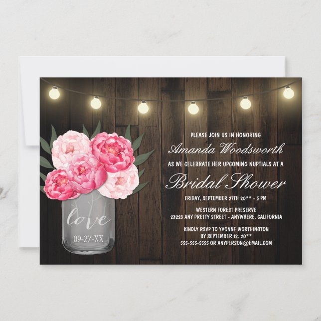 Mason Jar + Peony Rustic Bridal Douche Invitations (Devant)