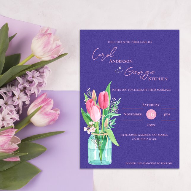 Mason Jar Purple & Blush Tulip Faire-part de maria (Mason Jar Purple & Blush Tulip Wedding Invitation)