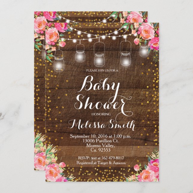 Mason Jar Rose Baby shower Floral carte Invitation (Devant / Derrière)