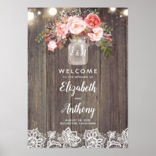 Mason Jar rose Mariage Affiche de bienvenue