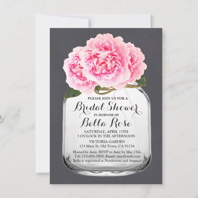 Mason jar rose peony douche nuptiale invitation pe (Devant)