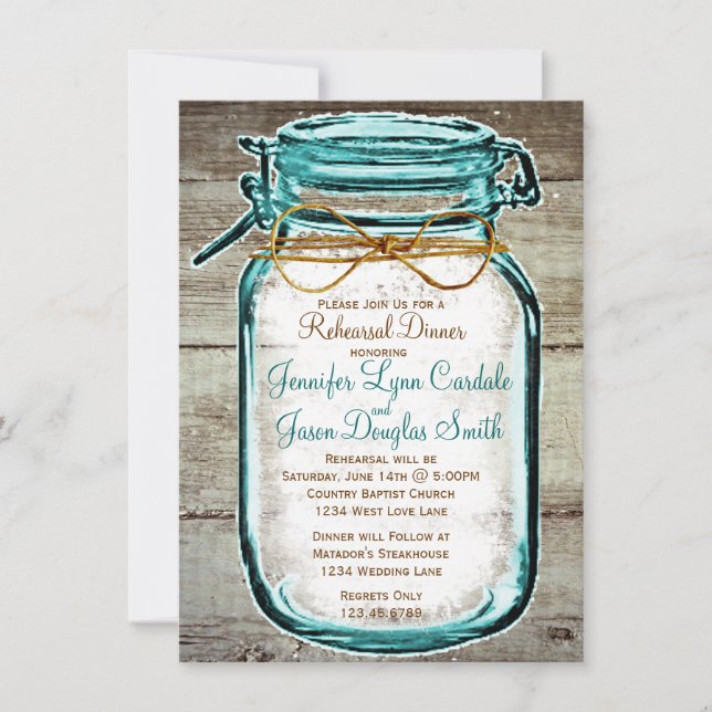 Mason Jar Rustic Bois Répétition Dîner Invitations (Devant)