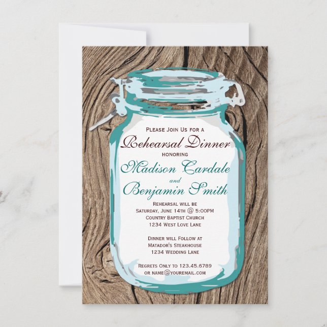 Mason Jar Rustic Bois Répétition Dîner Invitations (Devant)