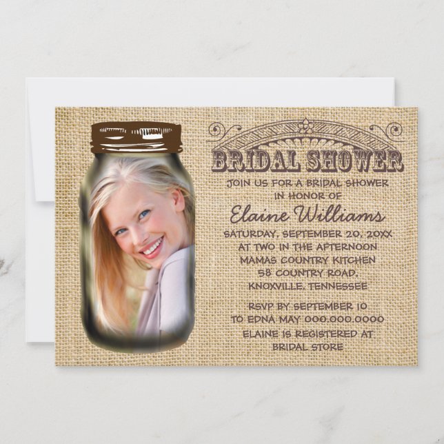 Mason Jar Rustic Burlap Invitation de la douche nu (Devant)