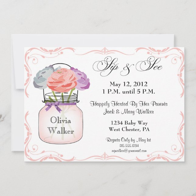 Mason Jar Sip et See Girl Invitation (Devant)
