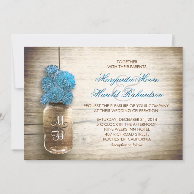 Mason jarre et fleurs bleues invitations de mariag (Devant)
