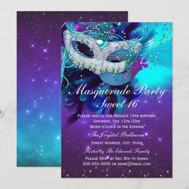 Masque aux plumes sarcelle et violettes Invitation (Devant / Derrière)