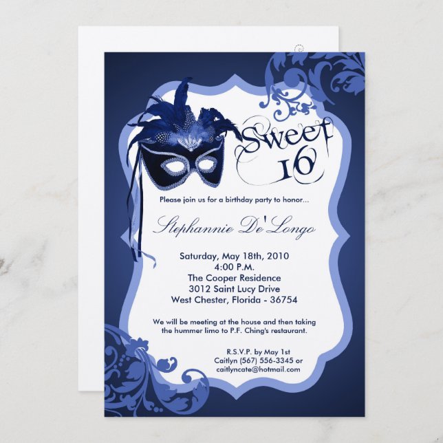 masque bleu de la mascarade 5x7 invitation de 16 (Devant / Derrière)
