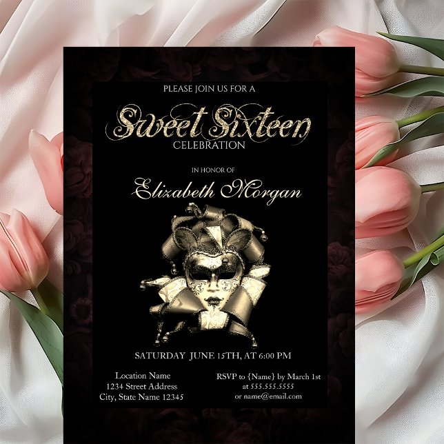 Masque Chic Roses Noires Invitation Sweet 16 (Créateur téléchargé)