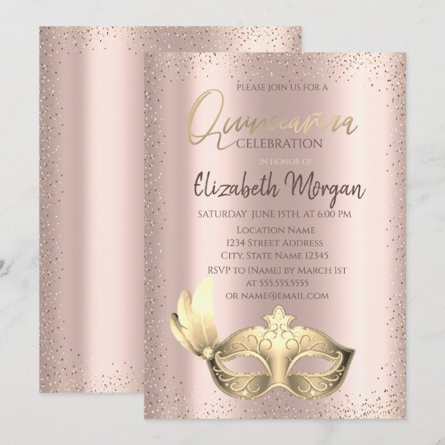 Masque, Confetti Rose Gold Quinceañera Invitation (Devant / Derrière)