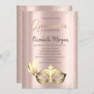 Masque, Confetti Rose Gold Quinceañera Invitation
