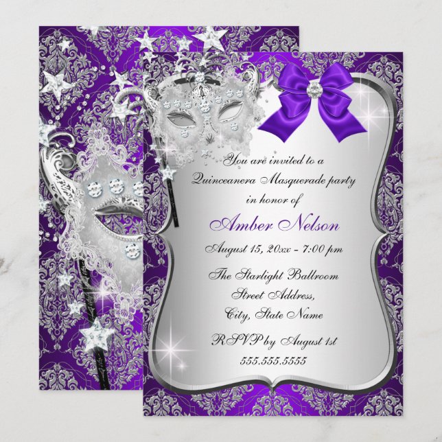 Masque de Damas Violet Invitation de Quinceanera M (Devant / Derrière)