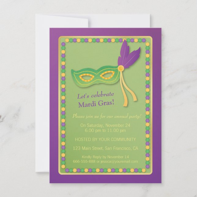 Masque de Fête et Colliers Invitations Mardi Gras (Devant)