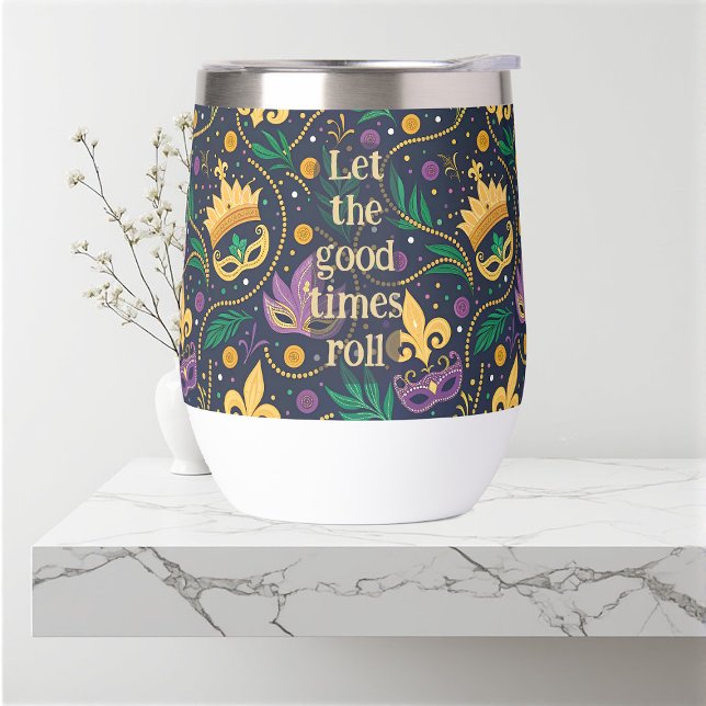 Masque de Mardi Gras Fleur-de-lis Violet Vert Or (Purple Green Gold Mardi Gras Mask Fleur-de-lis Thermal Wine Tumbler)