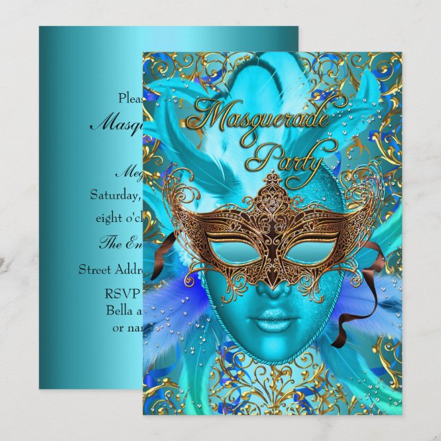 Masque de plumes sarcelle or Invitation à une soir (Devant / Derrière)