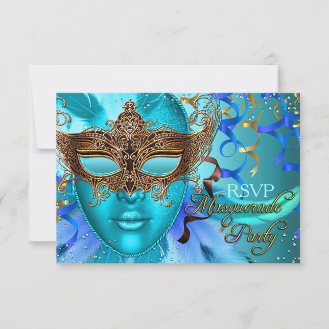 Masque de plumes sarcelle or Mascarade Fête RSVP (Devant)